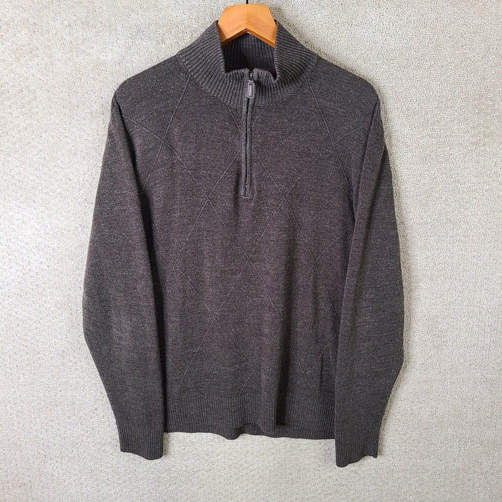 Haggar Sweater Mens Large Brown Argyle Textured‎ Knit 1/4 Zip Pullover Acrylic